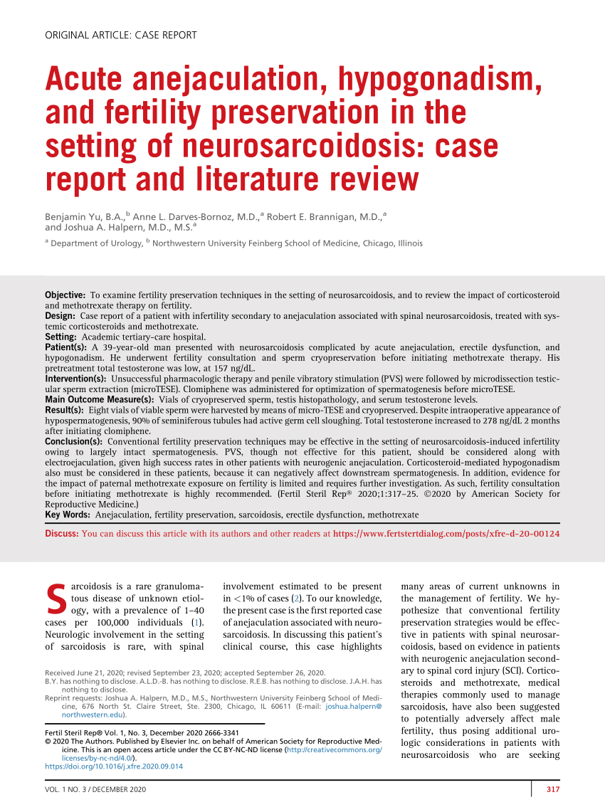 Pdf Acute Anejaculation Hypogonadism And Fertility Preservation In The Setting Of Neurosarcoidosis Case Report And Literature Review
