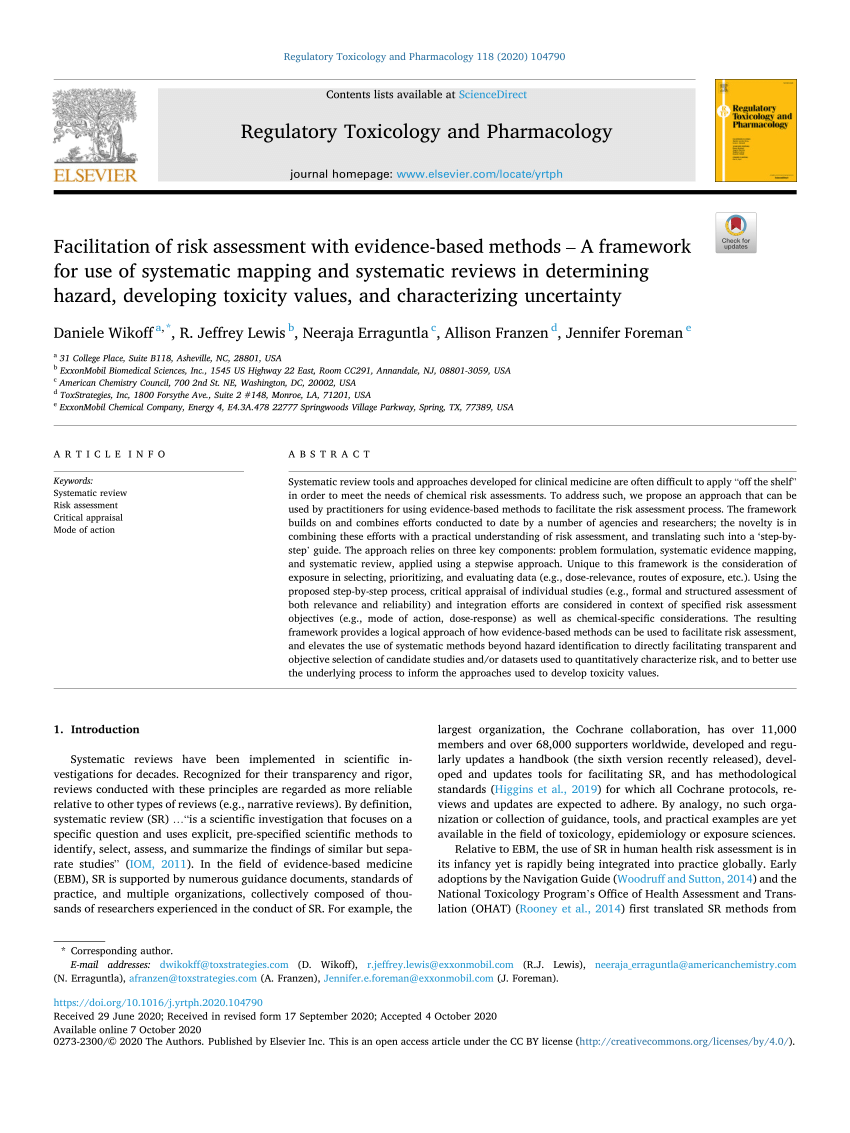 Pdf Facilitation Of Risk Assessment With Evidence Based Methods A Framework For Use Of Systematic Mapping And Systematic Reviews In Determining Hazard Developing Toxicity Values And Characterizing Uncertainty