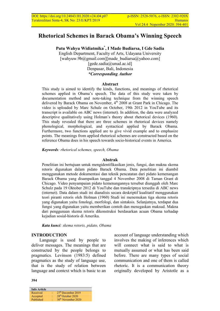 (PDF) Rhetorical Schemes in Barack Obama’s Winning Speech