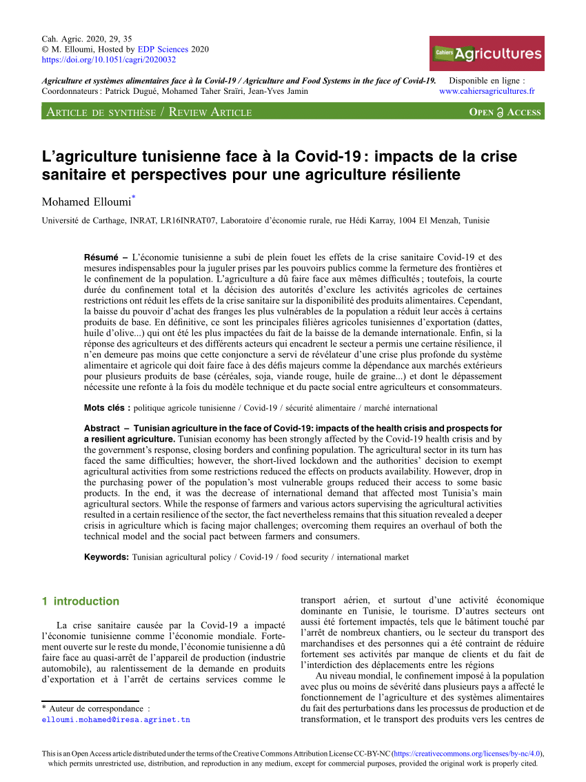 Pdf L Agriculture Tunisienne Face A La Covid 19 Impacts De La Crise Sanitaire Et Perspectives Pour Une Agriculture Resiliente