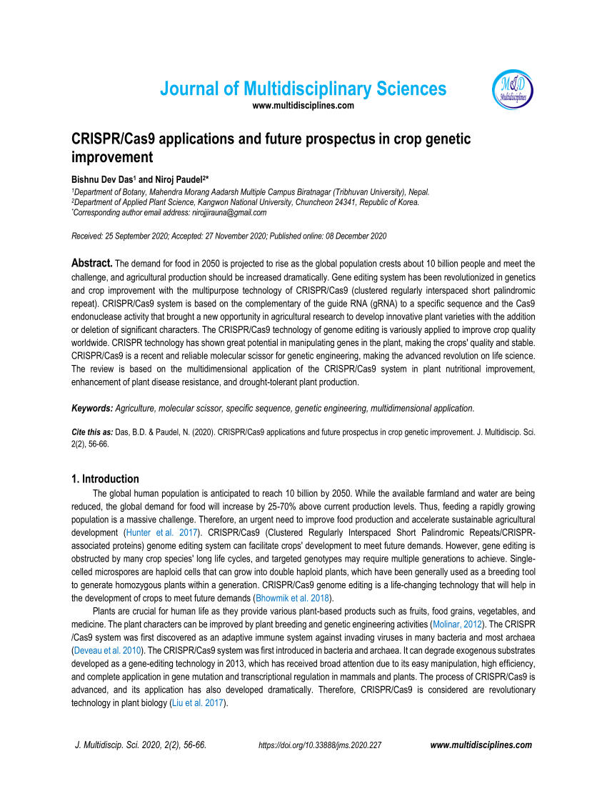 PDF) CRISPR/Cas9 applications and future prospectus in crop