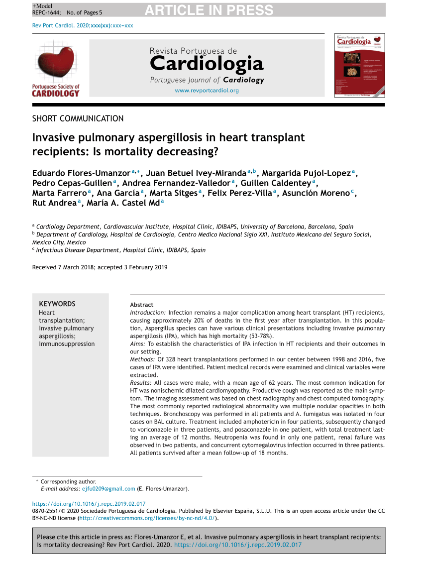 PDF Invasive pulmonary aspergillosis in heart transplant  