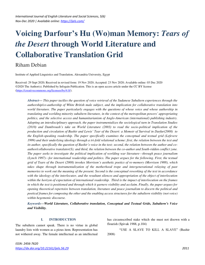 PDF) Voicing Darfour's Hu (Wo)man Memory: Tears of the Desert through World  Literature and Collaborative Translation Grid