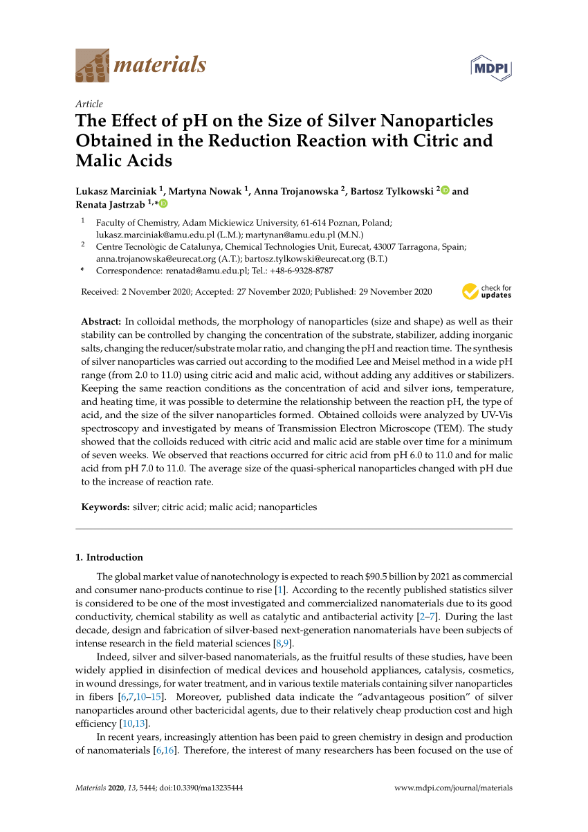 Pdf The Effect Of Ph On The Size Of Silver Nanoparticles Obtained In The Reduction Reaction With Citric And Malic Acids