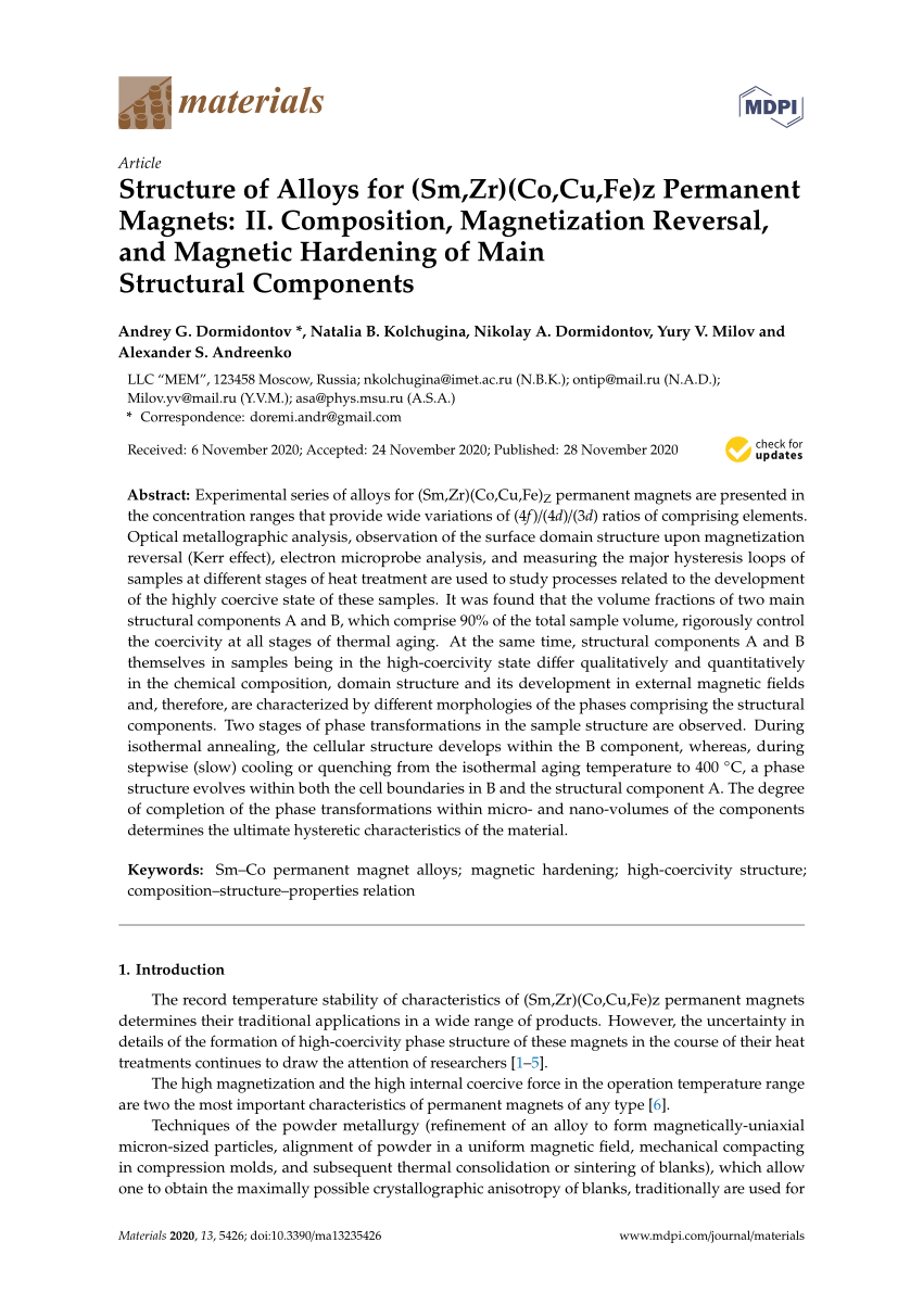 Pdf Structure Of Alloys For Sm Zr Co Cu Fe Z Permanent Magnets Ii Composition Magnetization Reversal And Magnetic Hardening Of Main Structural Components