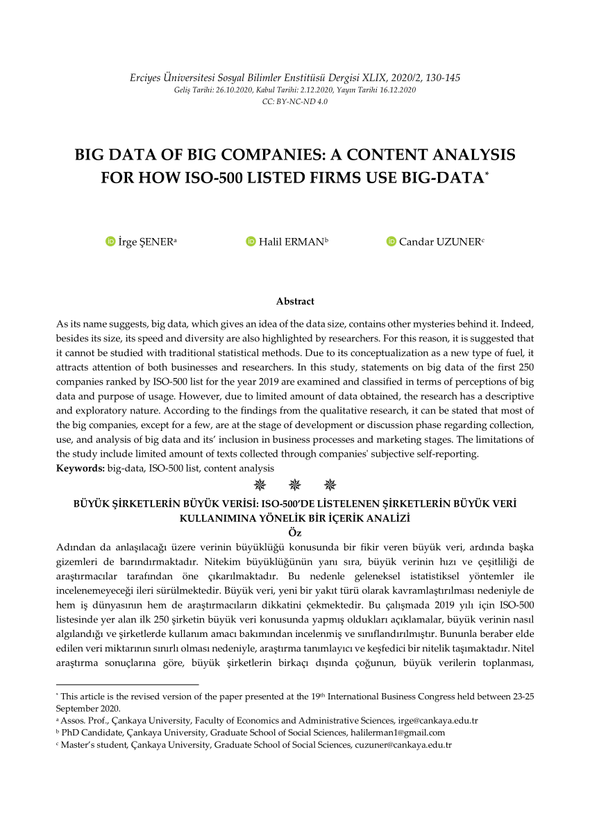 Pdf Big Data Of Big Companies A Content Analysis For How Iso 500 Listed Firms Use Big Data Data Of Big Companies A Content Analysis For How Iso 500 Listed Firms Use Big Data