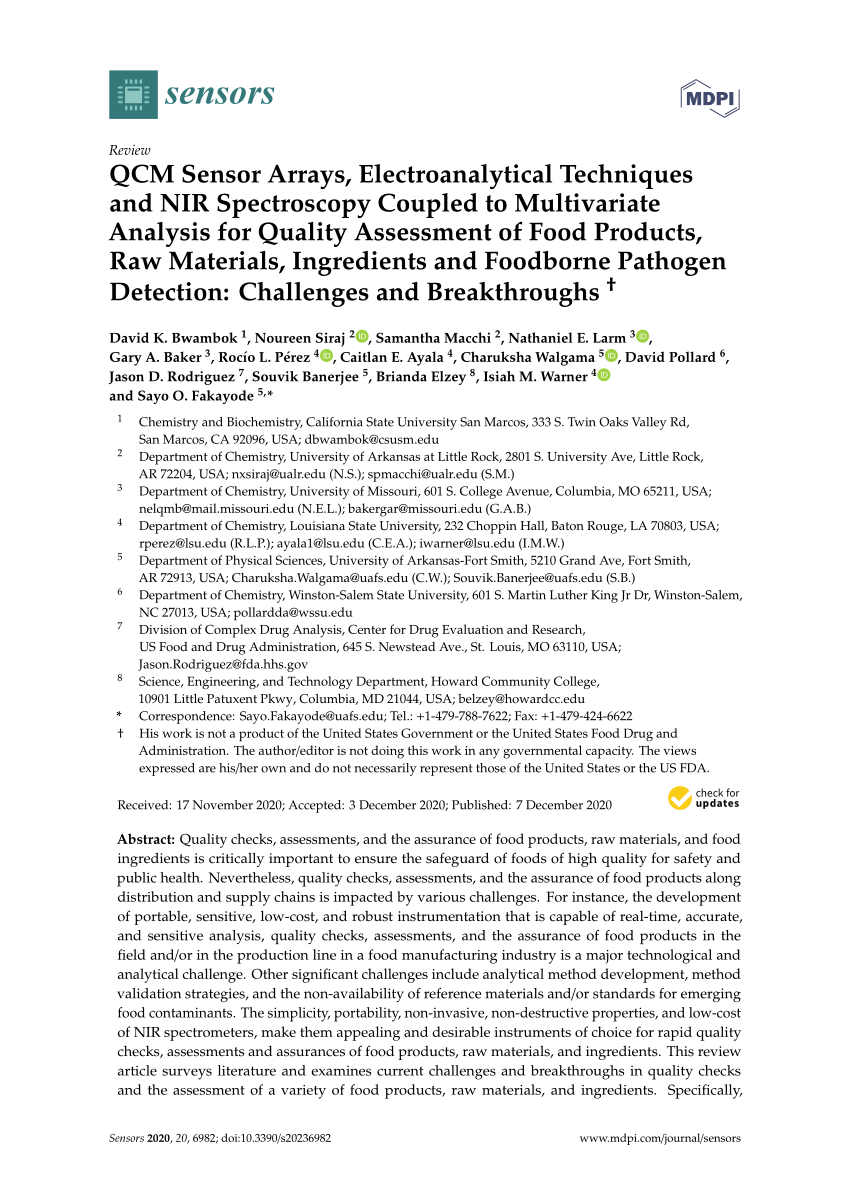 Pdf Qcm Sensor Arrays Electroanalytical Techniques And Nir Spectroscopy Coupled To Multivariate Analysis For Quality Assessment Of Food Products Raw Materials Ingredients And Foodborne Pathogen Detection Challenges And Breakthroughs