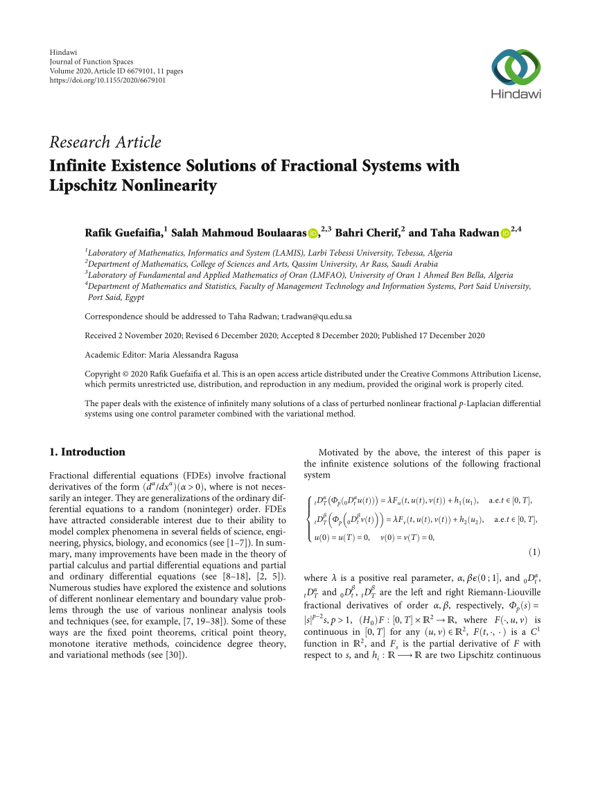 Pdf Infinite Existence Solutions Of Fractional Systems With Lipschitz Nonlinearity