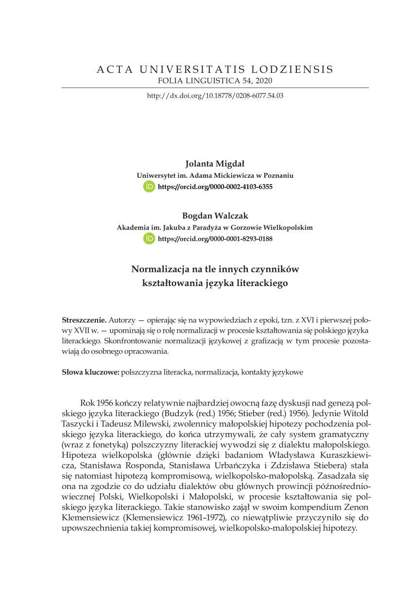 Pdf Normalizacja Na Tle Innych Czynników Kształtowania Języka Literackiego 8694