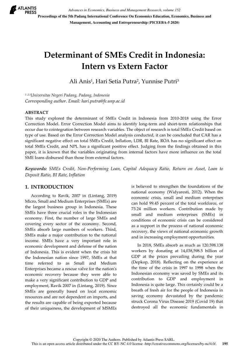 PDF) Determinant of SMEs Credit in Indonesia: Intern vs Extern Factor
