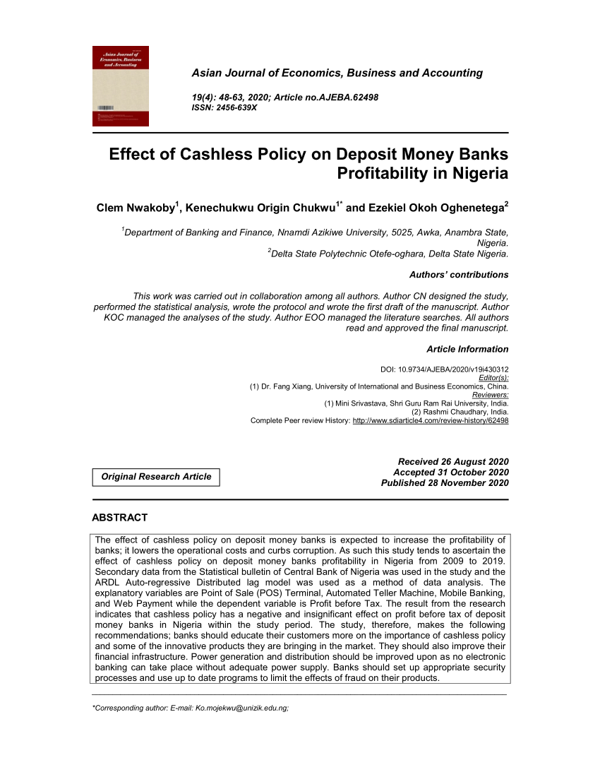 (PDF) Effect of Cashless Policy on Deposit Money Banks Profitability in