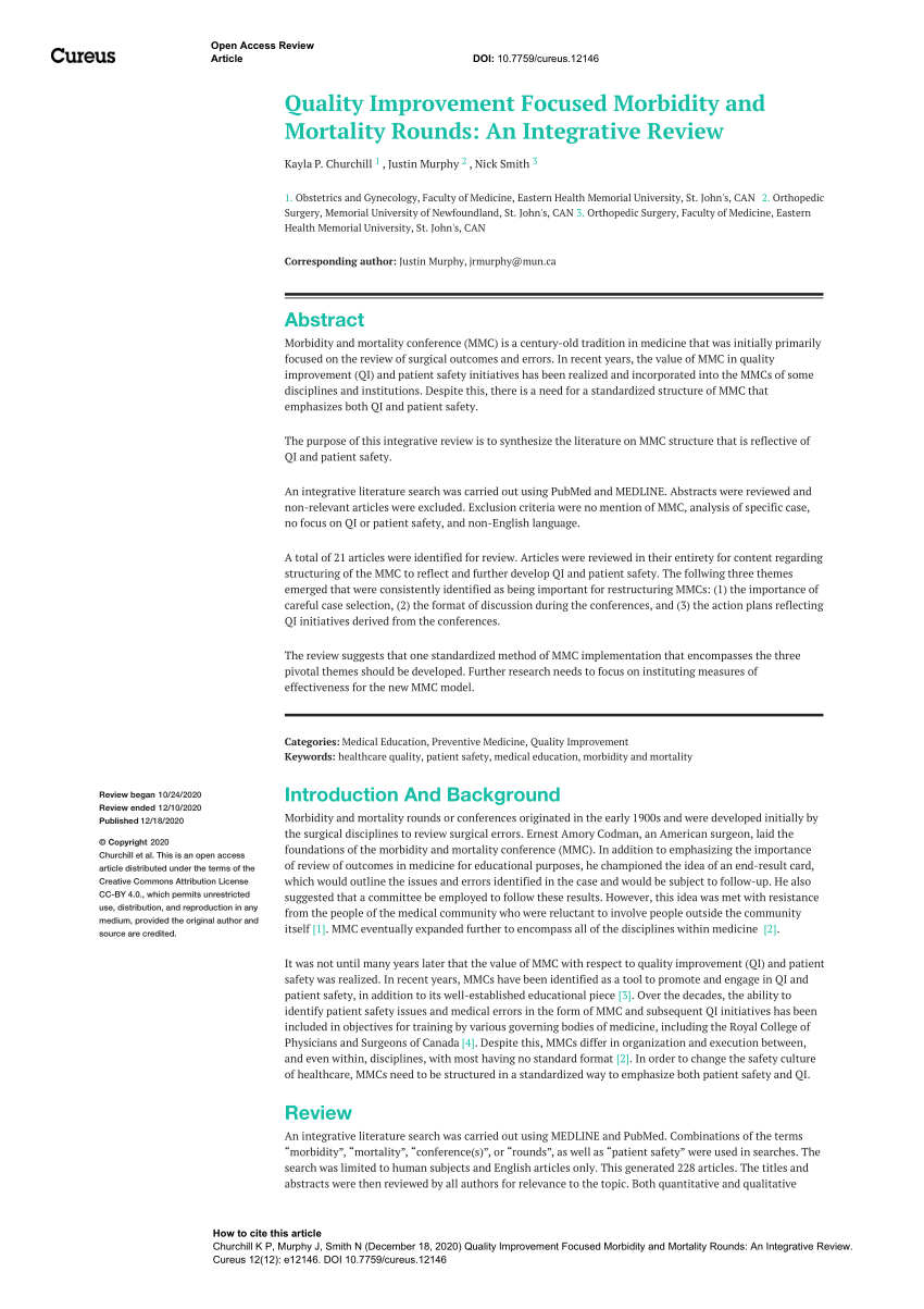 Pdf Quality Improvement Focused Morbidity And Mortality Rounds An Integrative Review