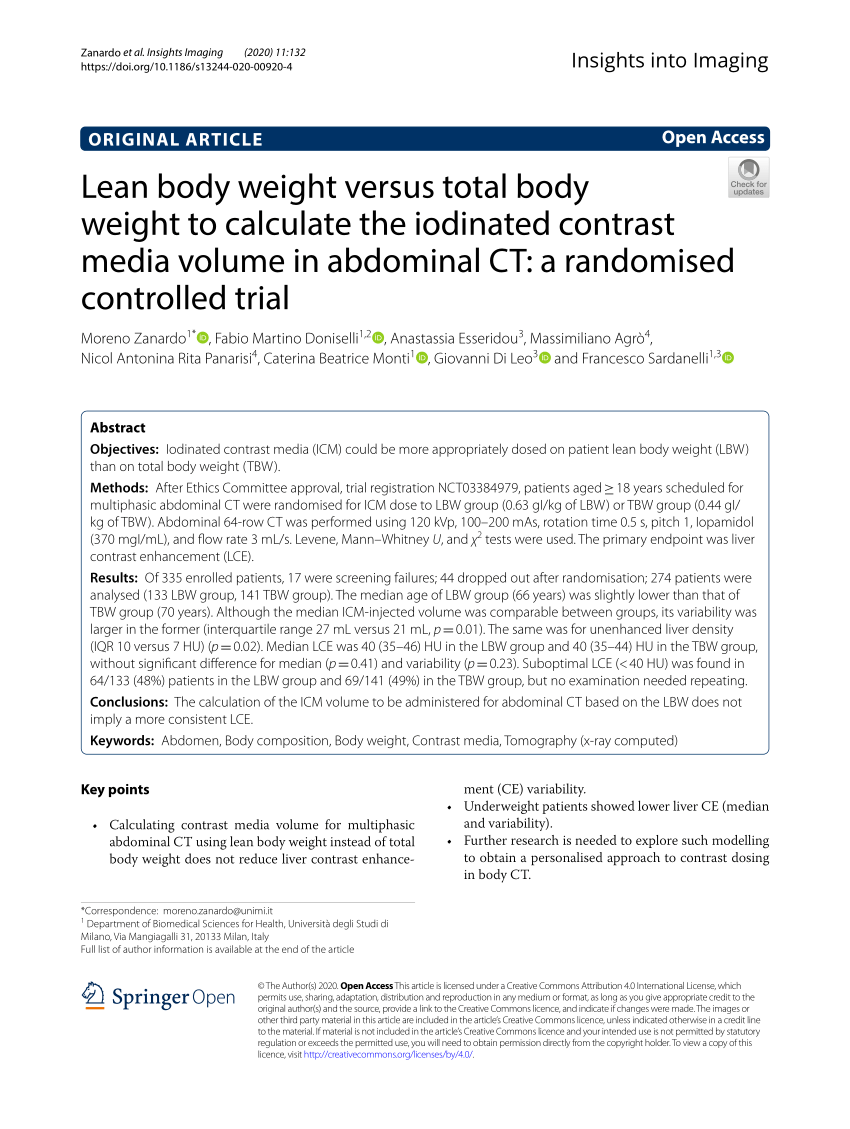 PDF) Lean body weight versus total body weight to calculate the iodinated  contrast media volume in abdominal CT: a randomised controlled trial