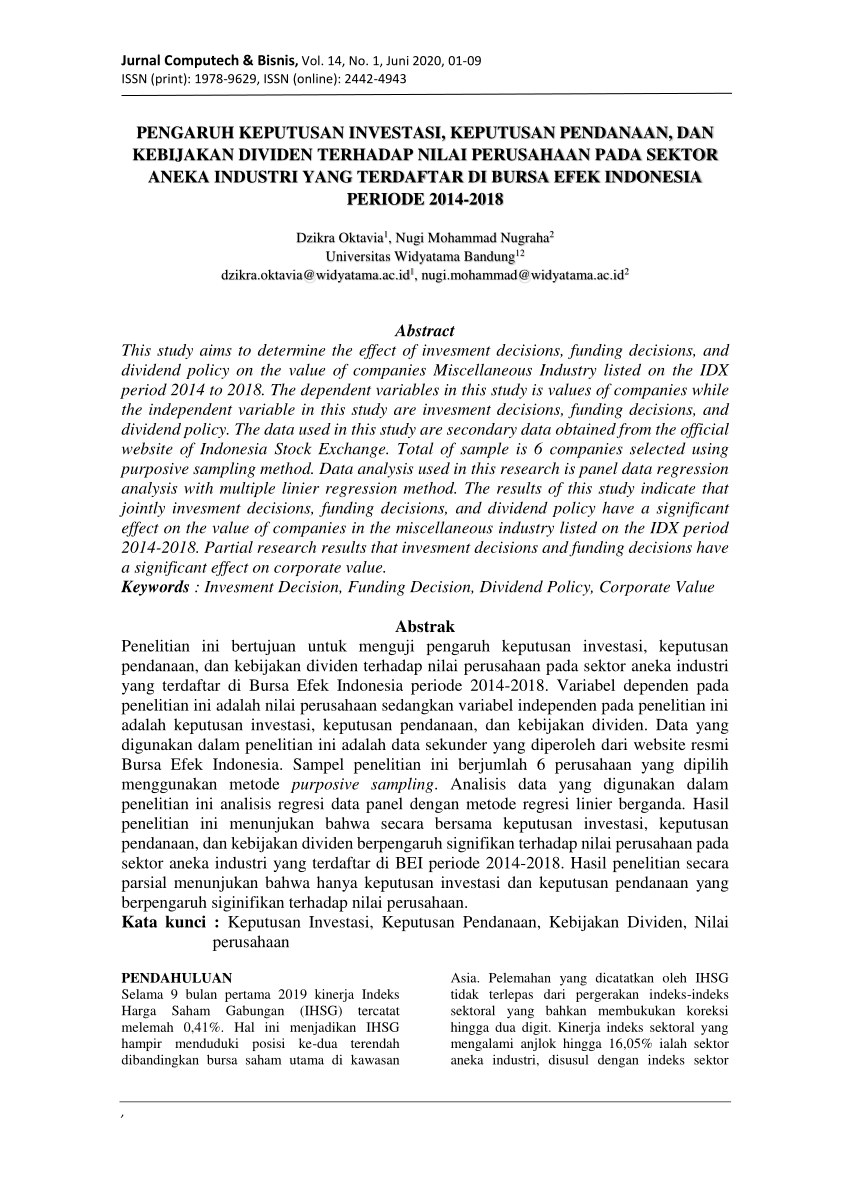 Pdf Pengaruh Keputusan Investasi Keputusan Pendanaan Dan Kebijakan Dividen Terhadap Nilai 0686