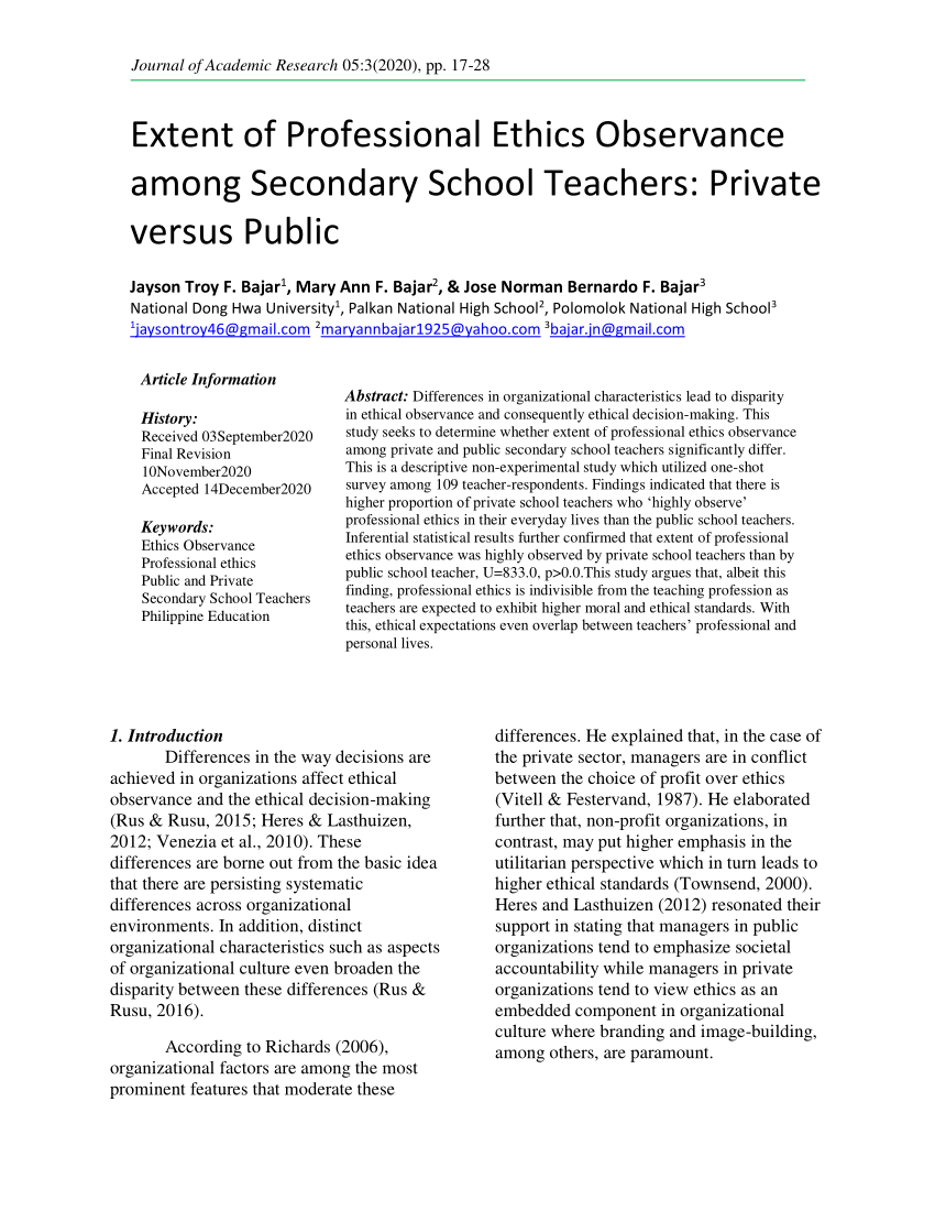 Pdf Extent Of Professional Ethics Observance Among Secondary School Teachers Private Versus Public