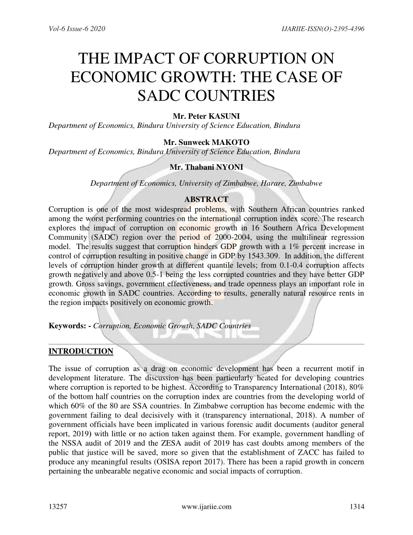 Pdf The Impact Of Corruption On Economic Growth The Case Of Sadc Countries