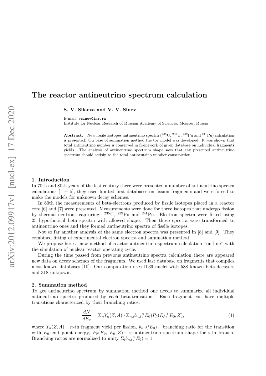 Pdf The Reactor Antineutrino Spectrum Calculation