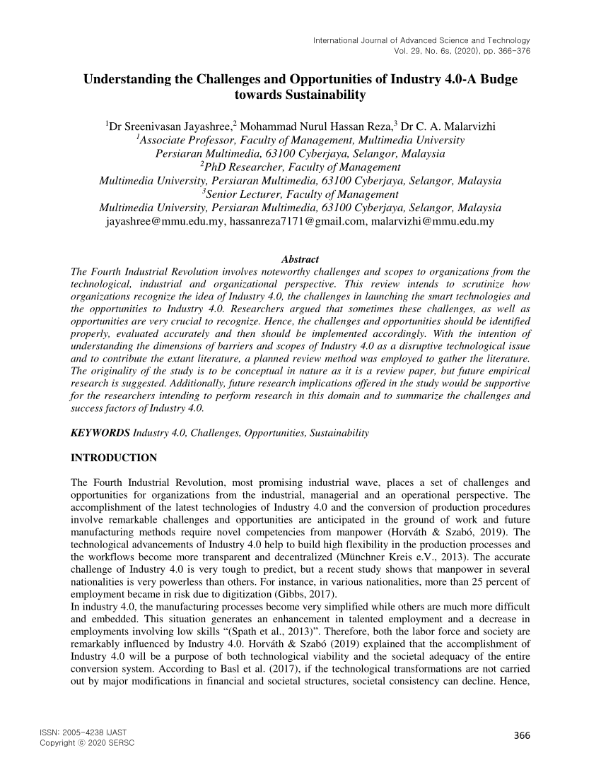 Pdf Understanding The Challenges And Opportunities Of Industry 4 0 A Budge Towards Sustainability