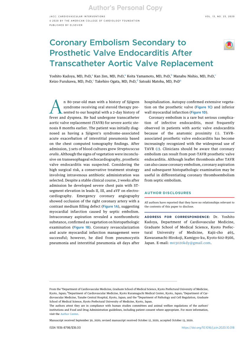Pdf Coronary Embolism Secondary To Prosthetic Valve Endocarditis