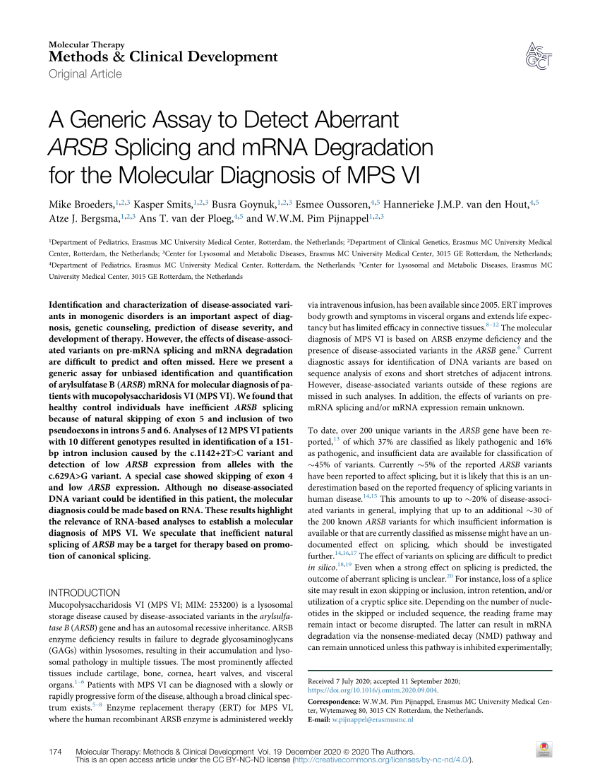Pdf A Generic Assay To Detect Aberrant Arsb Splicing And Mrna Degradation For The Molecular Diagnosis Of Mps Vi
