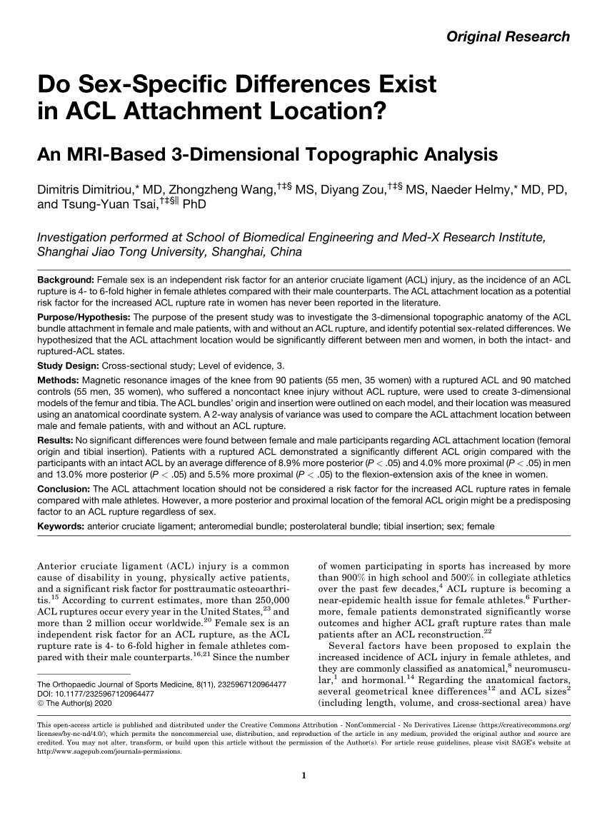 Pdf Do Sex Specific Differences Exist In Acl Attachment Location An Mri Based 3 Dimensional 8643