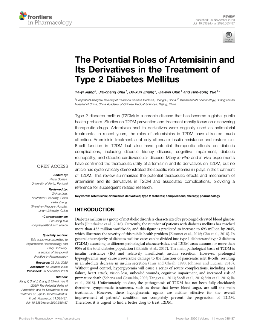 PDF) The Potential Roles of Artemisinin and Its Derivatives in the  Treatment of Type 2 Diabetes Mellitus