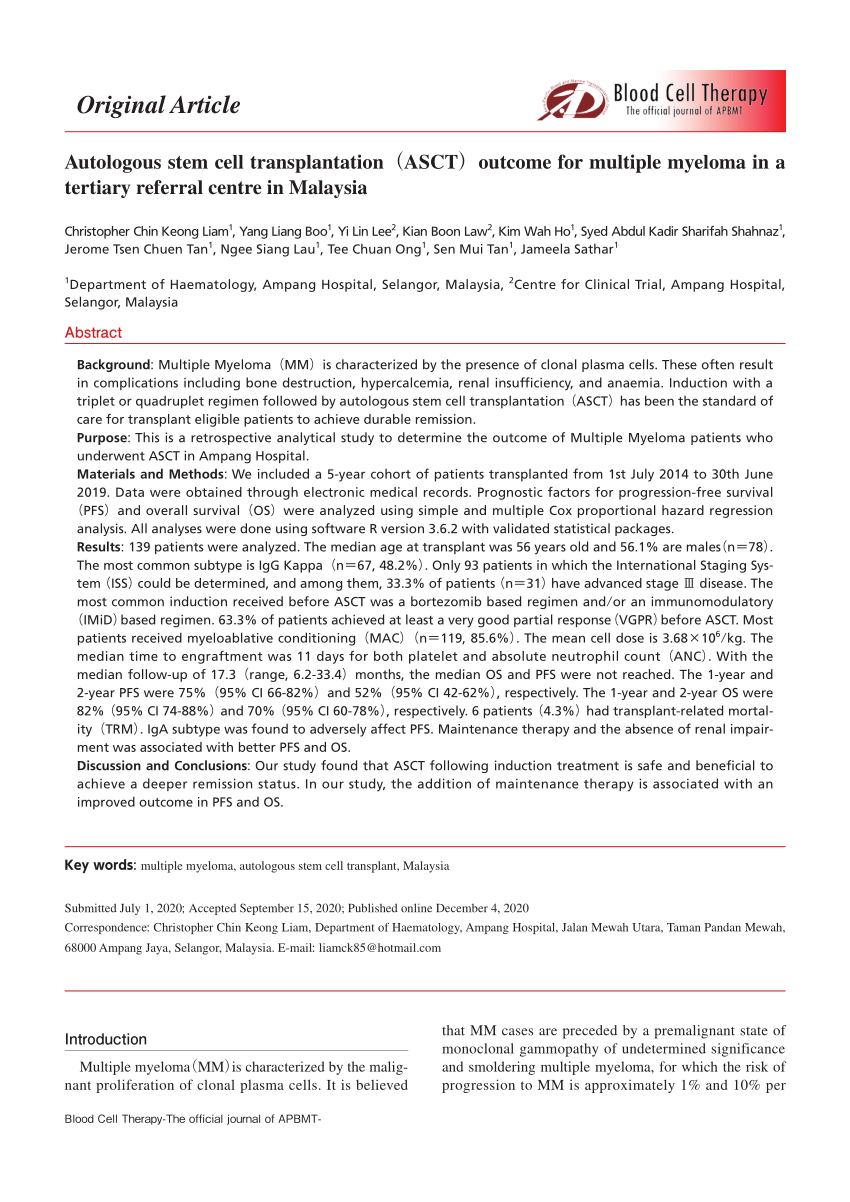 PDF) Autologous stem cell transplantation (ASCT) outcome for 