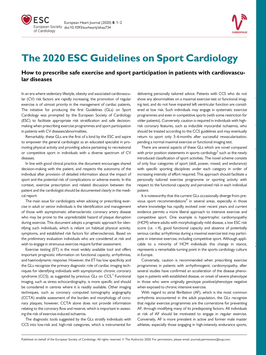 (PDF) Highlights from the 2020 ESC guidelines on sport cardiology