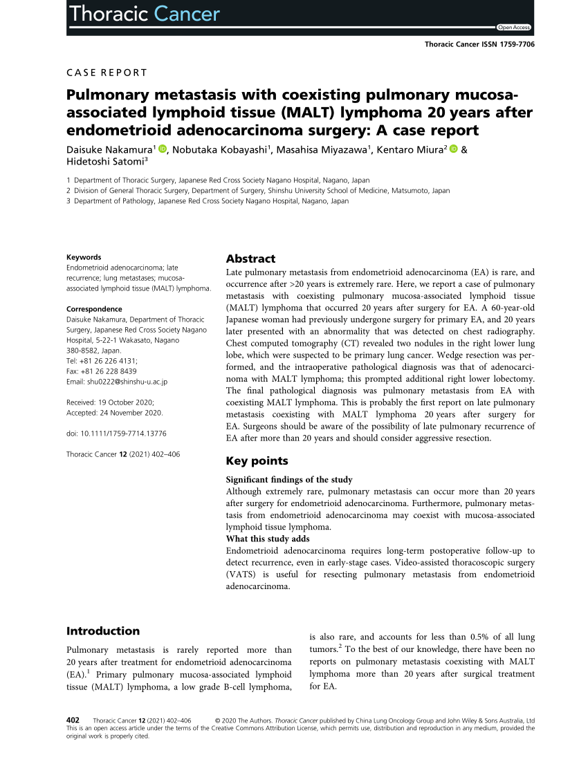 Pdf Pulmonary Metastasis With Coexisting Pulmonary Mucosa Associated Lymphoid Tissue Malt Lymphoma Years After Endometrioid Adenocarcinoma Surgery A Case Report