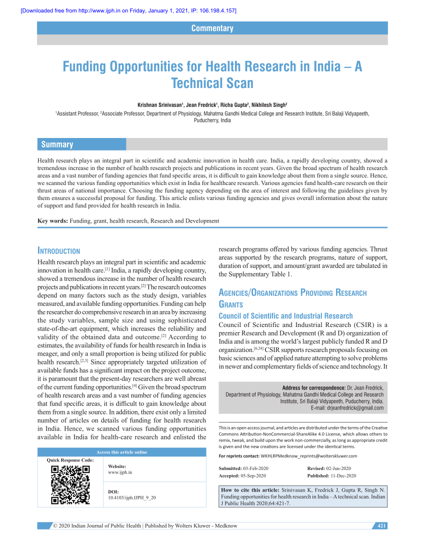 (PDF) Funding opportunities for health research in India A technical scan