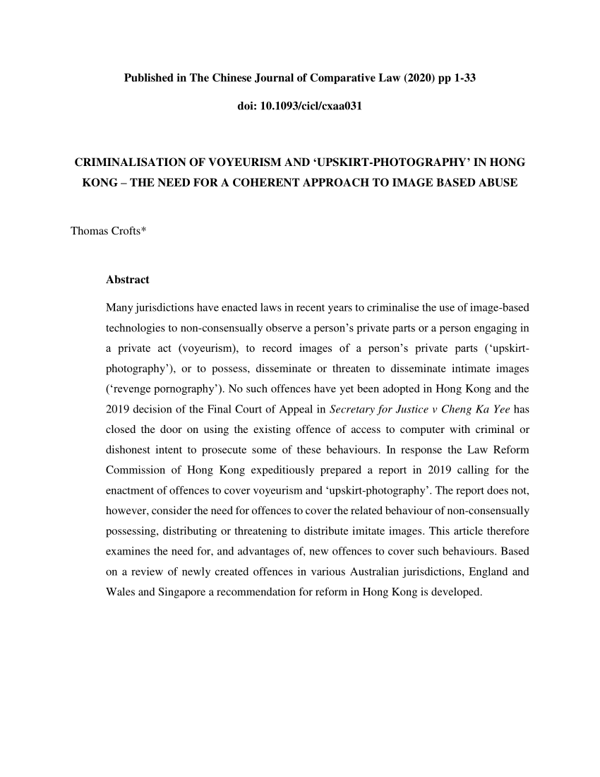 PDF) Criminalization of Voyeurism and Upskirt Photography in Hong Kong The Need for a Coherent Approach to Image-Based Abuse image