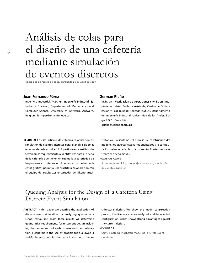 PDF) Análisis de colas para el diseño de una cafetería mediante simulación  de eventos discretos