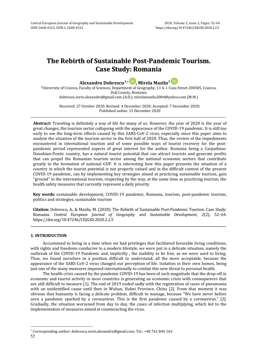 PDF) The Rebirth of Sustainable Post-Pandemic Tourism. Case Study