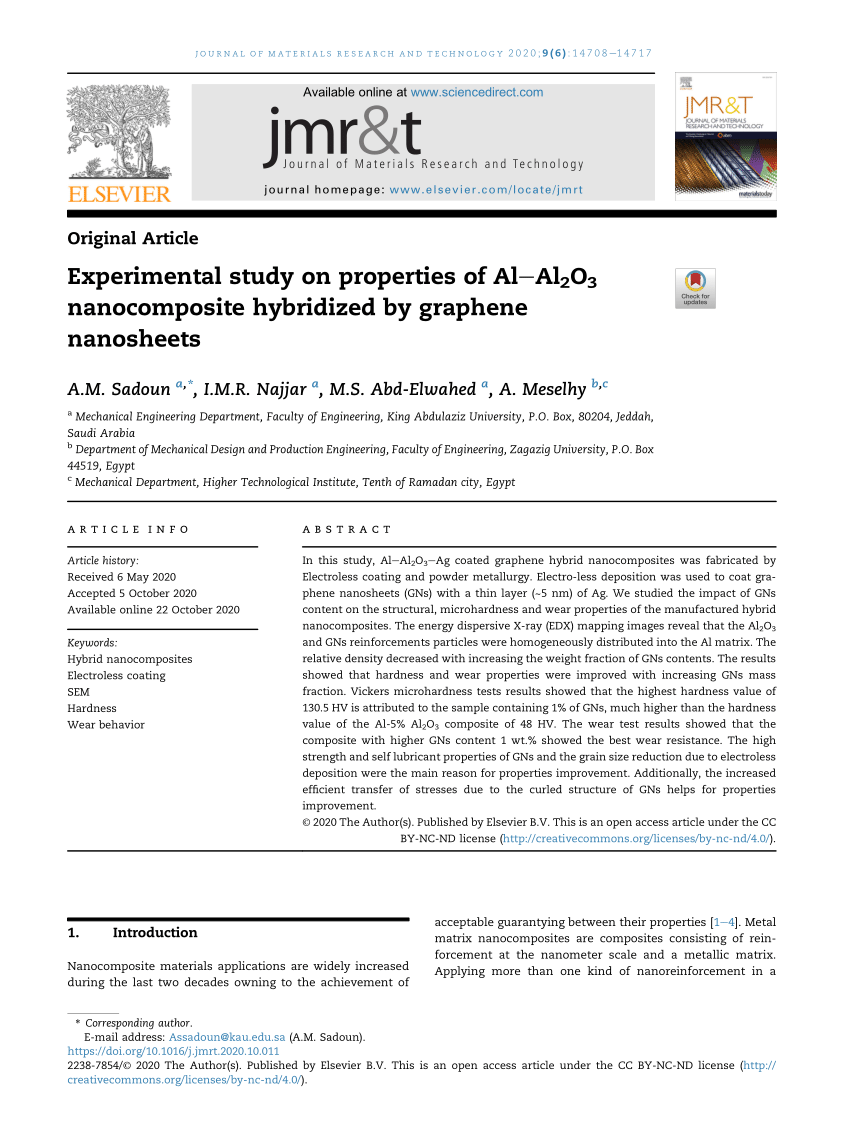 Pdf Experimental Study On Properties Of Al Al2o3 Nanocomposite Hybridized By Graphene Nanosheets
