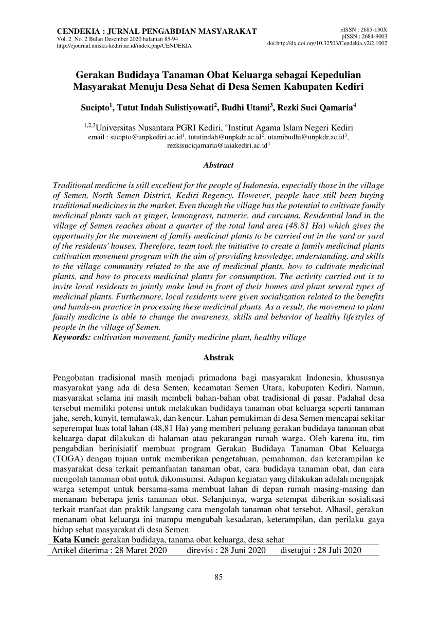 Pdf Gerakan Budidaya Tanaman Obat Keluarga Sebagai Kepedulian Masyarakat Menuju Desa Sehat Di 1565
