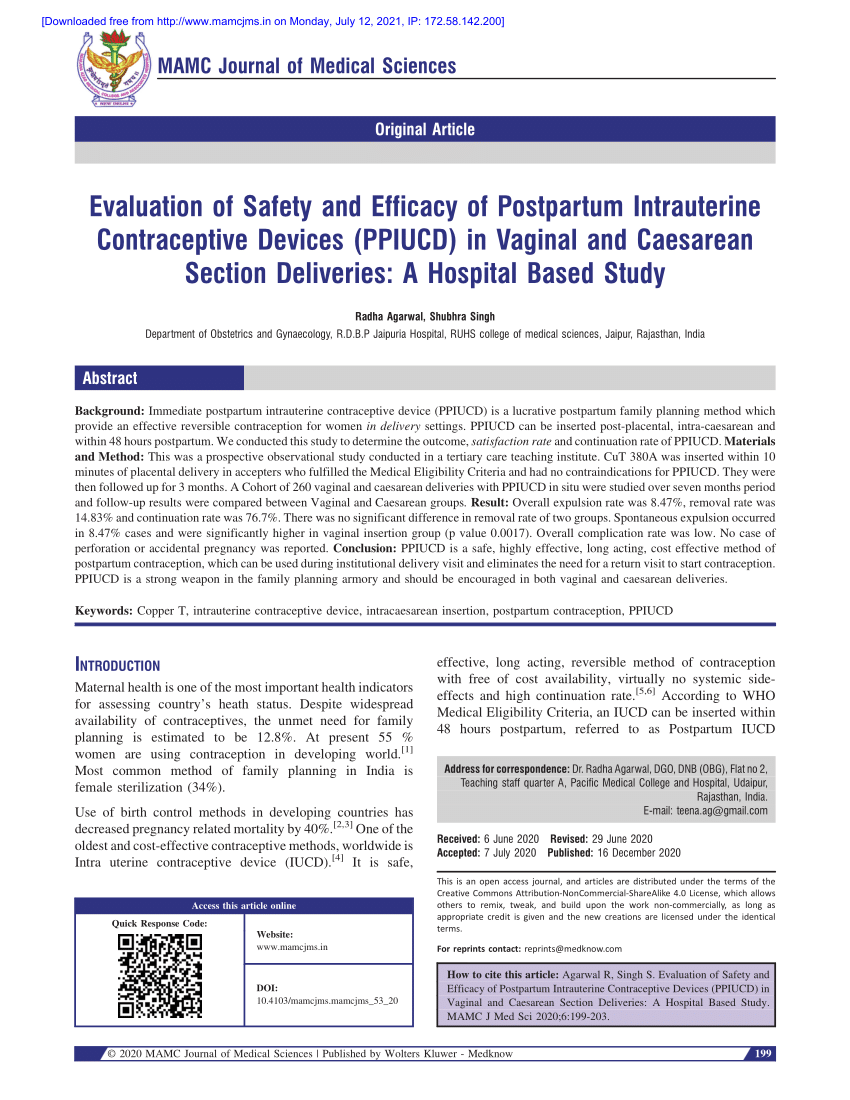 (PDF) Evaluation of Safety and Efficacy of Postpartum Intrauterine