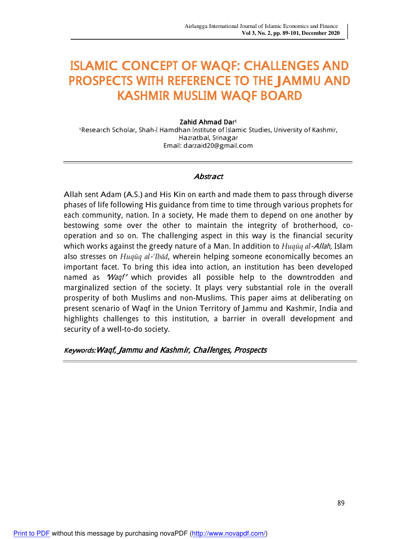 (PDF) ISLAMIC CONCEPT OF WAQF CHALLENGES AND PROSPECTS WITH REFERENCE