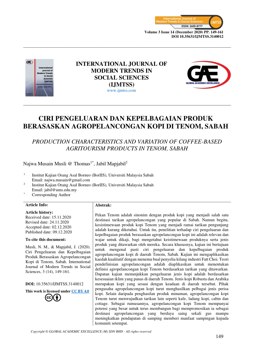 Pdf Production Characteristics And Variation Of Coffee Based Agritourism Products In Tenom Sabah