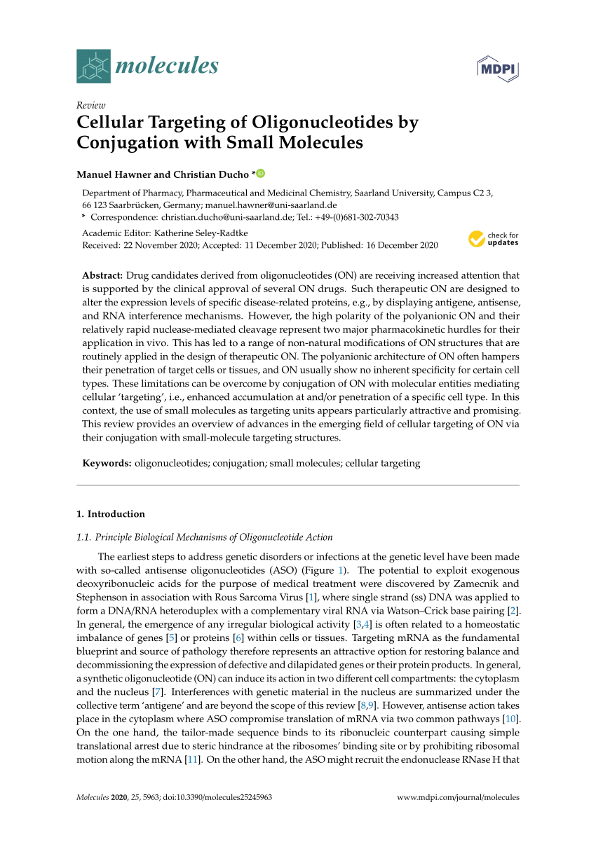 Pdf Cellular Targeting Of Oligonucleotides By Conjugation With Small Molecules