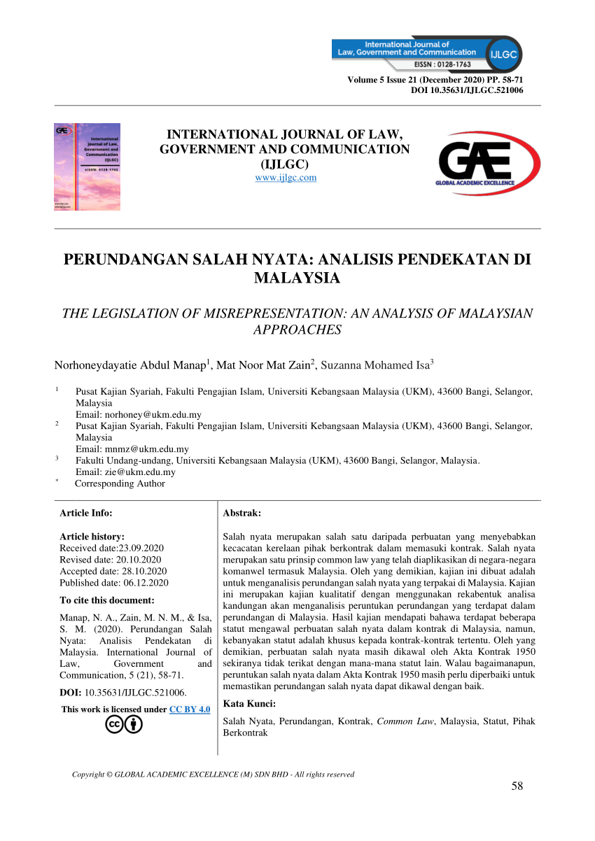 Pdf The Legislation Of Misrepresentation An Analysis Of Malaysian Approaches