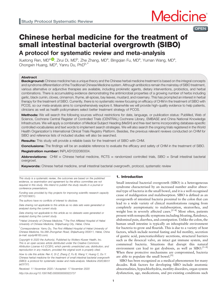 (PDF) Chinese herbal medicine for the treatment of small intestinal bacterial overgrowth (SIBO): A protocol for systematic review and meta-analysis