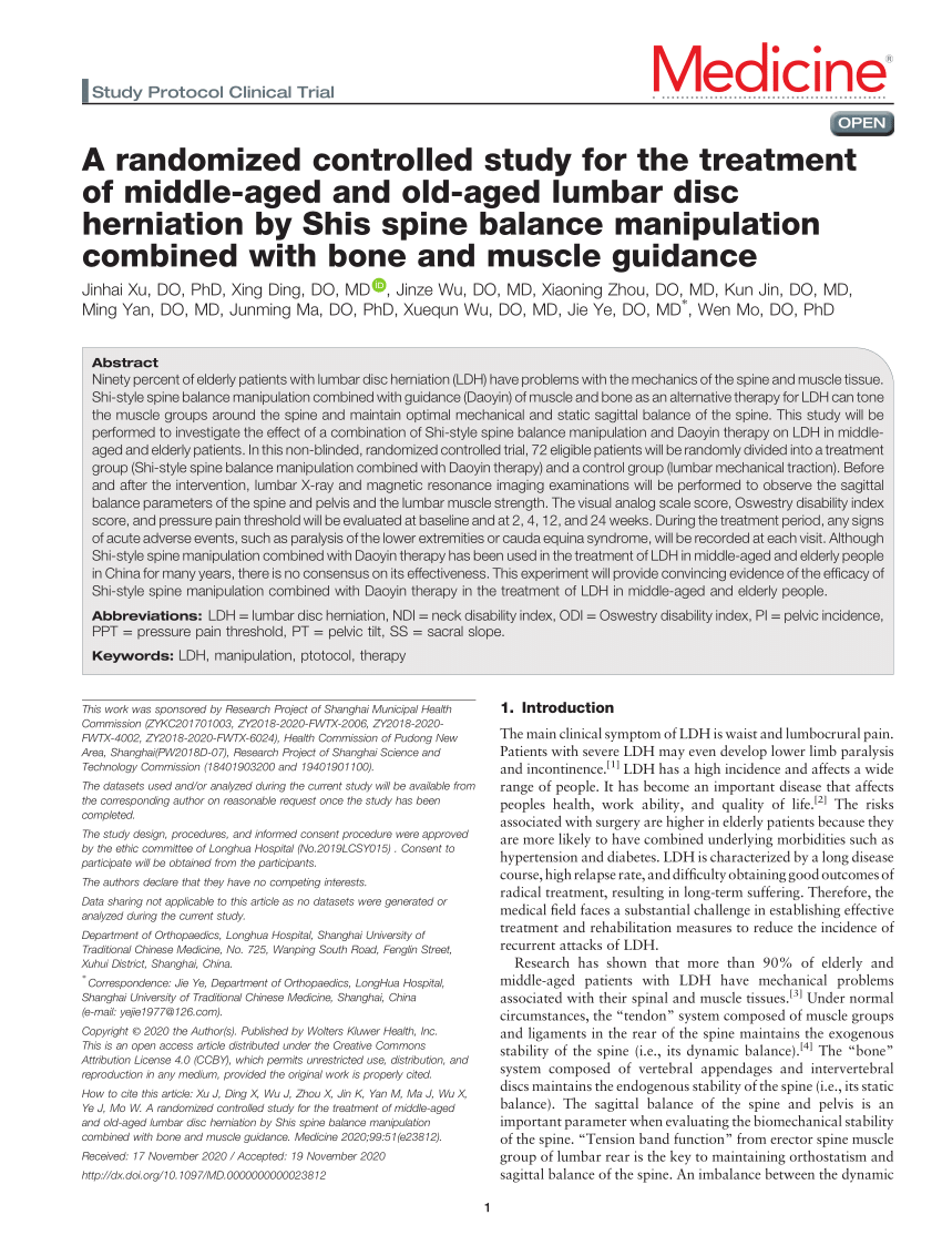 PDF) A randomized controlled study for the treatment of middle-aged and old- aged lumbar disc herniation by Shis spine balance manipulation combined  with bone and muscle guidance