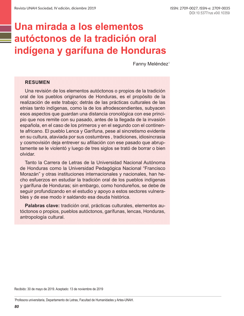 PDF) Una mirada a los elementos autóctonos de la tradición oral indígena y  garífuna de Honduras