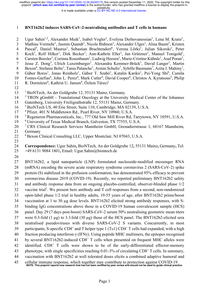 Pdf Bnt162b2 Induces Sars Cov 2 Neutralising Antibodies And T Cells In Humans