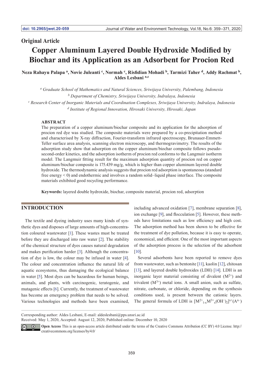 PDF) Copper Aluminum Layered Double Hydroxide Modified by Biochar and its  Application as an Adsorbent for Procion Red
