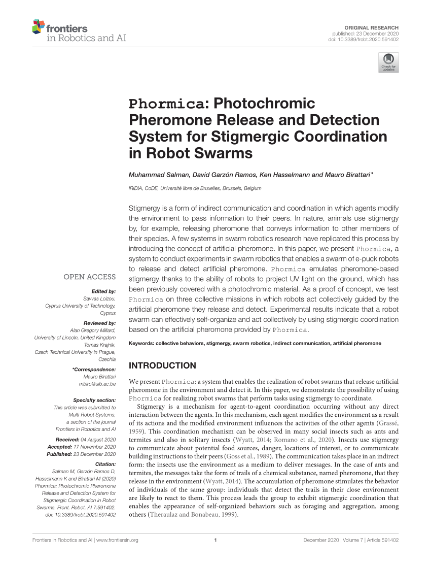 Pdf Phormica Photochromic Pheromone Release And Detection System For Stigmergic Coordination In Robot Swarms