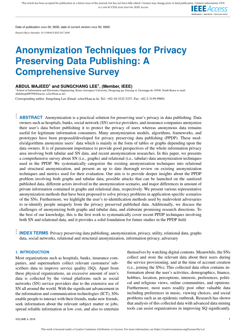 PDF) Anonymization Techniques for Privacy Preserving Data ...