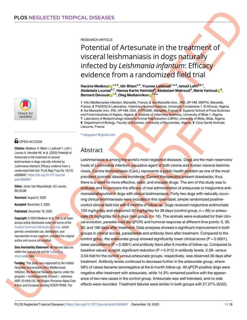 Pdf Potential Of Artesunate In The Treatment Of Visceral Leishmaniasis In Dogs Naturally Infected By Leishmania Infantum Efficacy Evidence From A Randomized Field Trial