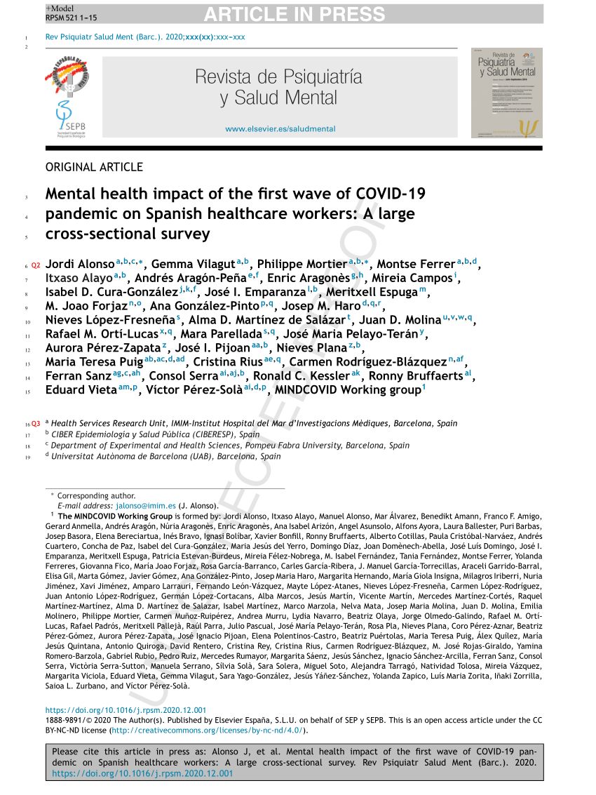 Pdf Mental Health Impact Of The First Wave Of Covid-19 Pandemic On Spanish Healthcare Workers A Large Cross-sectional Survey