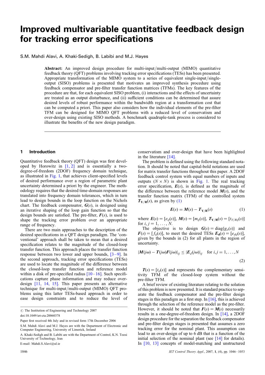 Pdf Improved Multivariable Feedback Design For Tracking Error Specifications